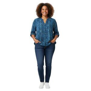 Kim Rogers Woman Blue Snake Print Button-Front Split Neck Blouse Plus Size 3X